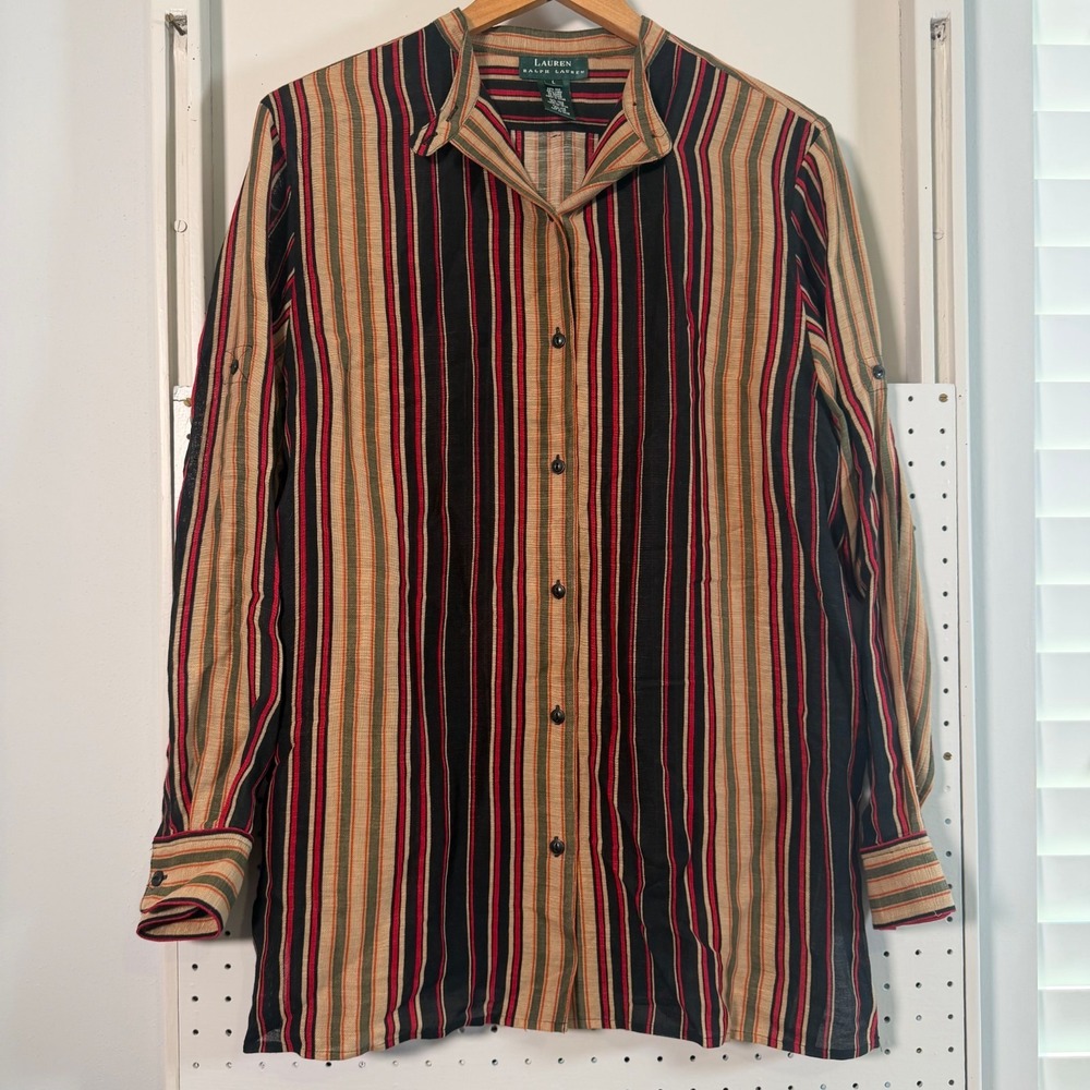 Ralph Lauren Button Up Shirt Women's Striped Silk Roll Tab Sleeve Large Vintage